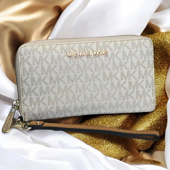 Michael Kors Jet Set Travel Wristlet Wallet - Logo Canvas Beige β¨ - Picture 1 of 13